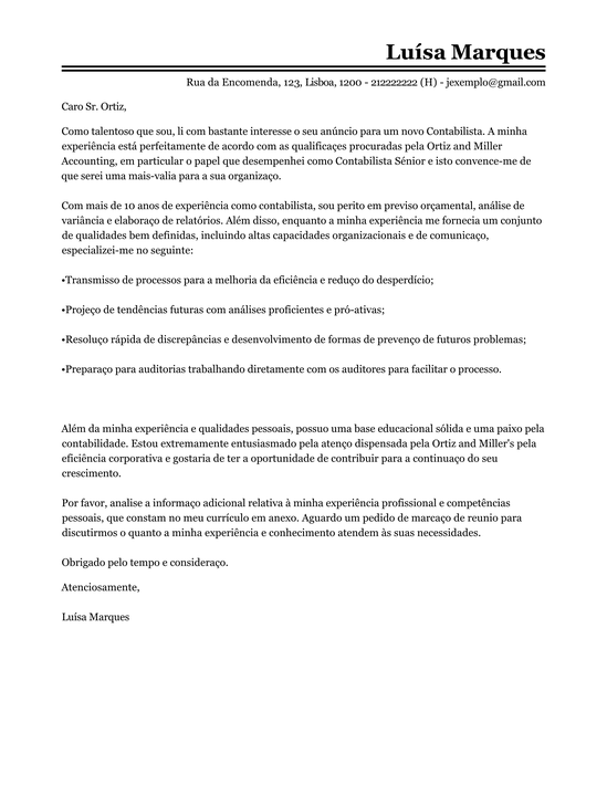 Modelo Carta de Apresentação Contabilista  Exemple Carta 