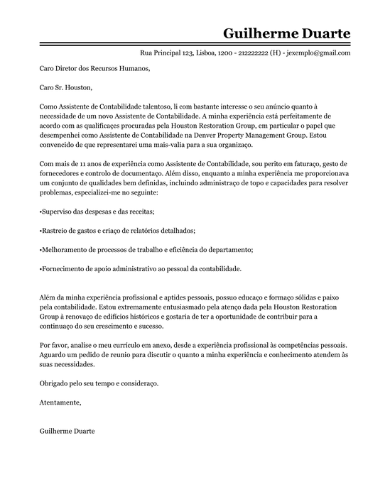 Modelo Carta de Apresentação Assistente de Contabilidade 