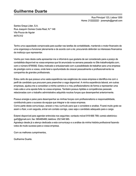 Modelo Carta de Apresentação Responsável de Contabilidade 