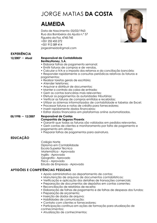 Modelo de Curriculum Vitae Responsável de Contabilidade