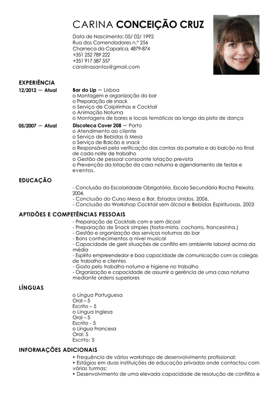 Modelo de Curriculum Barman  Exemplo de CV Garçom 