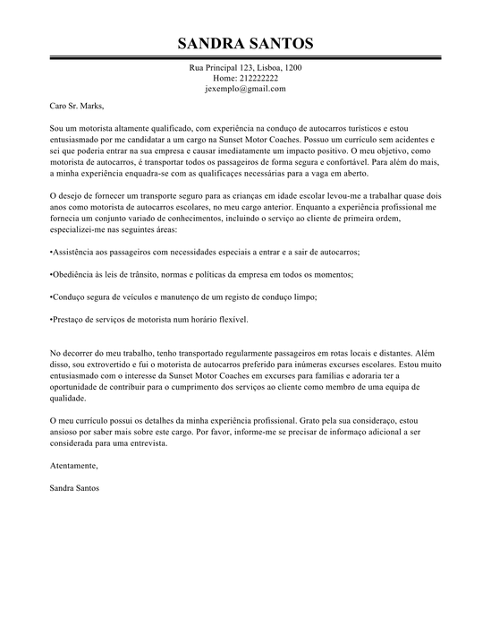 Modelo Carta de Apresentação Condutor de Autocarro 