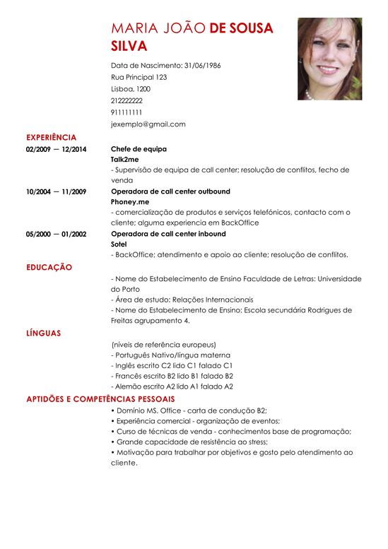 Modelo de Curriculum Vitae Representante de Call Center