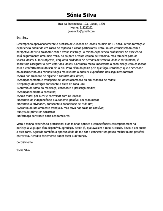 Modelo Carta de Apresentação Cuidador  Exemple Carta de 