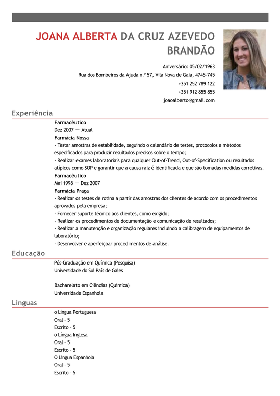 Modelo de Curriculum Quimico  Exemplo de CV Farmacêutico 