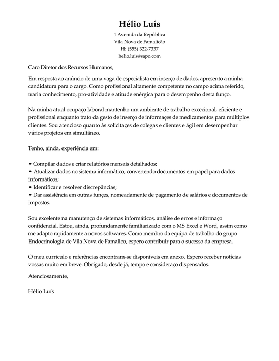 Modelo Carta de Apresentação Técnico de Inserção de Dados 