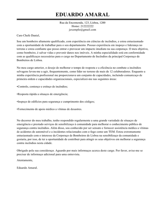 Modelo Carta de Apresentação Bombeiro  Exemple Carta de 