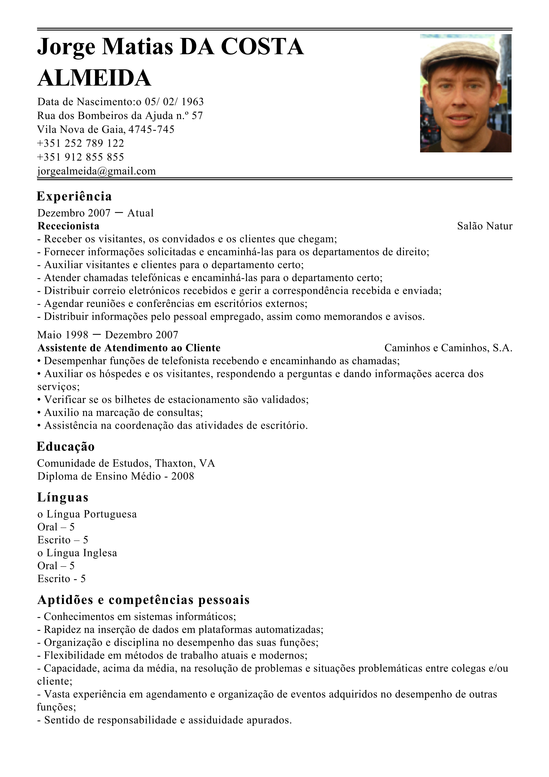 Modelo de Curriculum Recepção  Exemplo de CV 