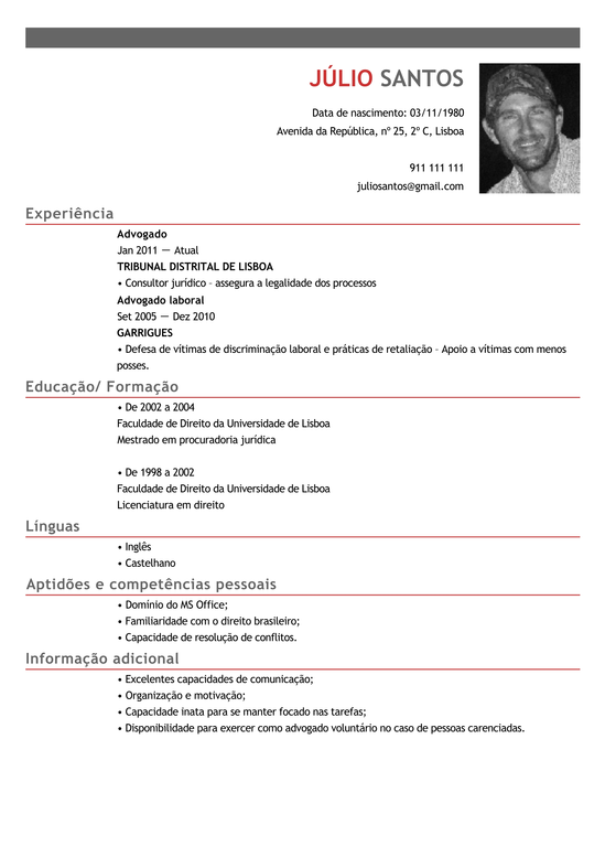 Modelo de Curriculum Advogado  Exemplo de CV Jurista 