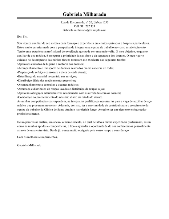 Exemplo de Carta De Apresentação para Assistente Médico