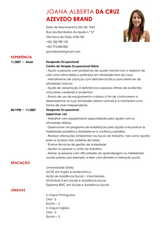 Modelo de Curriculum Terapeuta Ocupacional  Exemplo de CV 