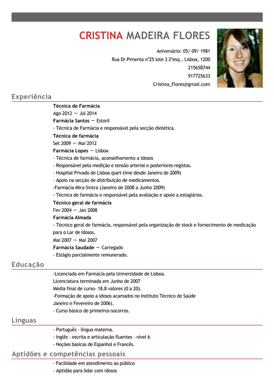 Modelo de Curriculum Técnico de Farmácia  Exemplo de CV 