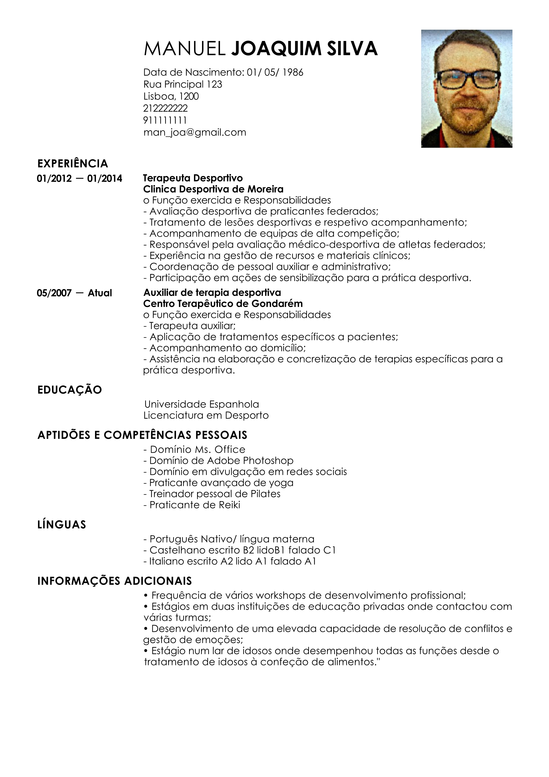 Modelo de Curriculum Fisioterapeuta  Exemplo de CV 