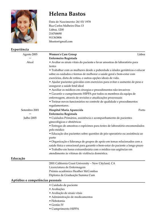 Modelo de Curriculum Enfermeira Registada  Exemplo de CV 