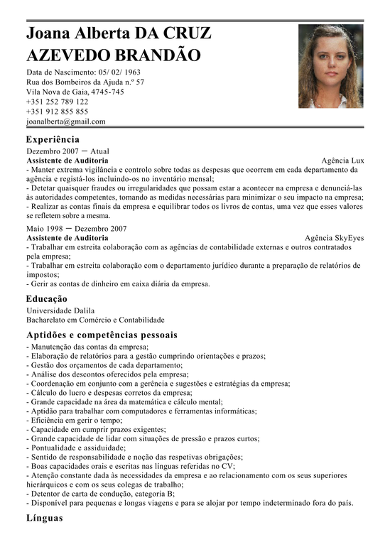 Modelo de Curriculum Assistente de Auditoria  Exemplo de 