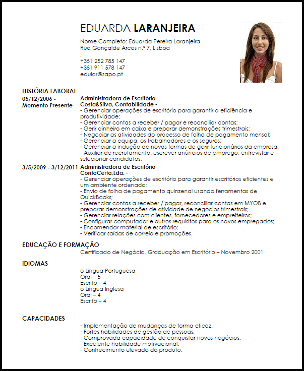 Modelo Curriculum Vitae Administrador de Escritório 