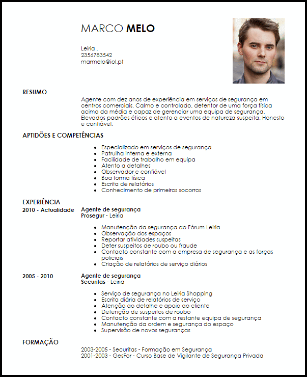 Modelo Curriculum Vitae Agente de segurança  LiveCareer