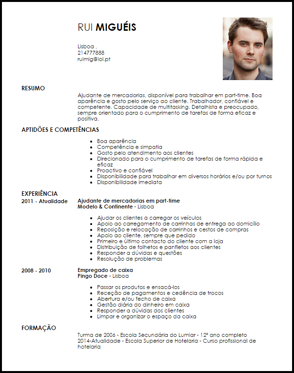 Modelo Curriculum Vitae Ajudante de mercadorias em part 