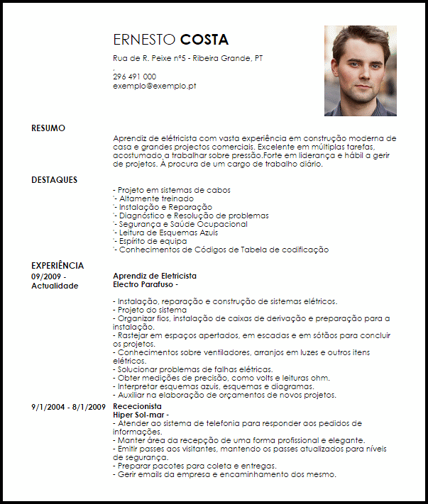 Modelo Curriculum Vitae Aprendiz de Eletricista  LiveCareer