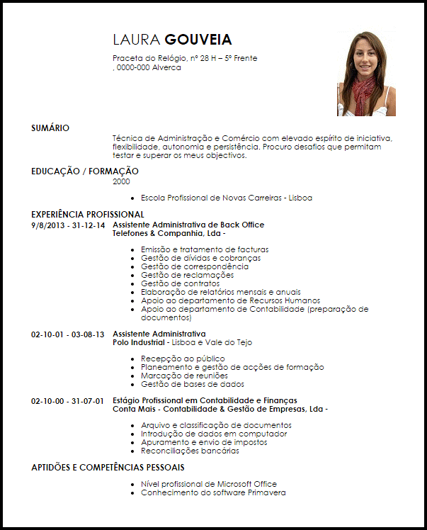 Modelo Curriculum Vitae Assistente Administrativa de Loja 