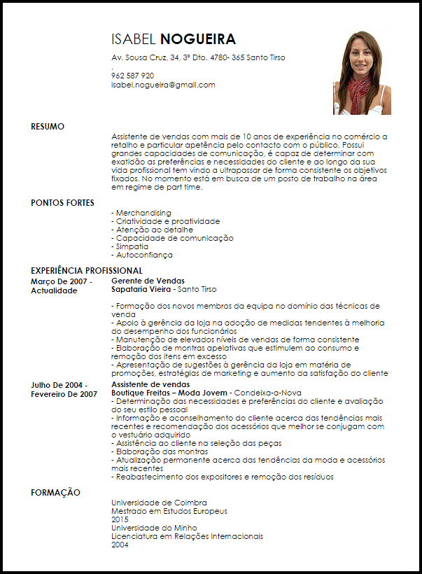 Modelo Curriculum Vitae Associado de Vendas Part Time 