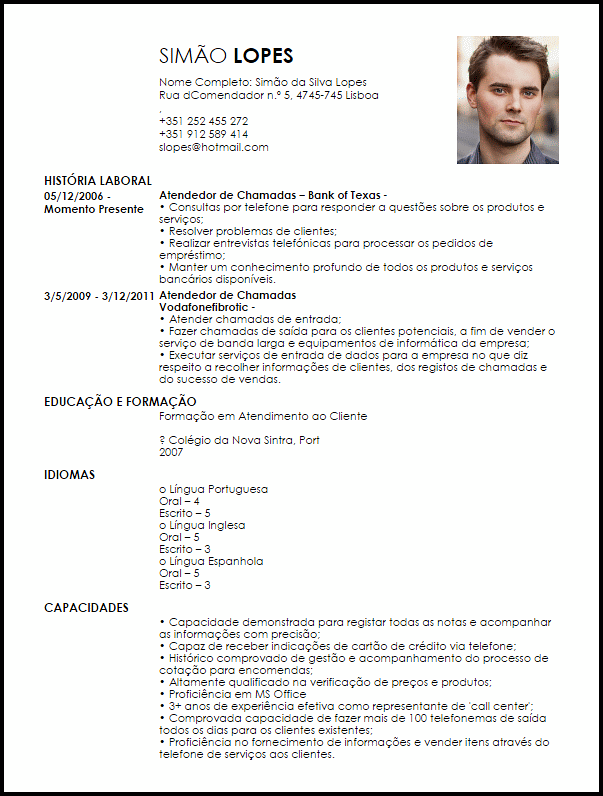 Modelo Curriculum Vitae Atendedor(a) de Chamadas Call 