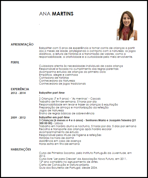 Modelo Curriculum Vitae Babysitter a tempo parcial 