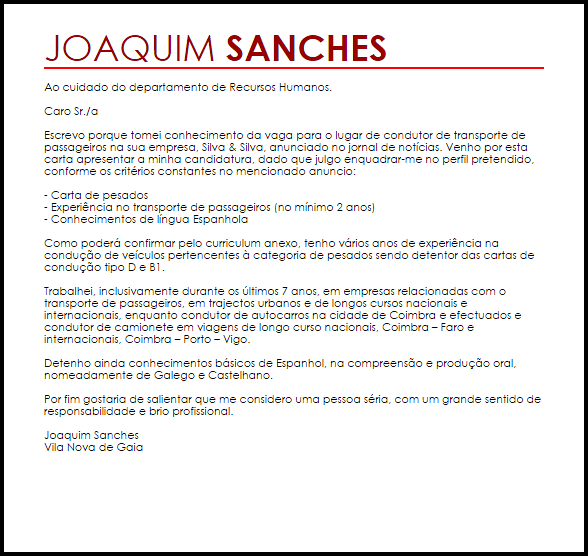 Modelo Carta de Apresentação - Condutor De Transportes 