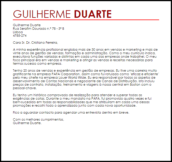 Modelo Carta de Apresentação Diretor Técnico de Projetos e 