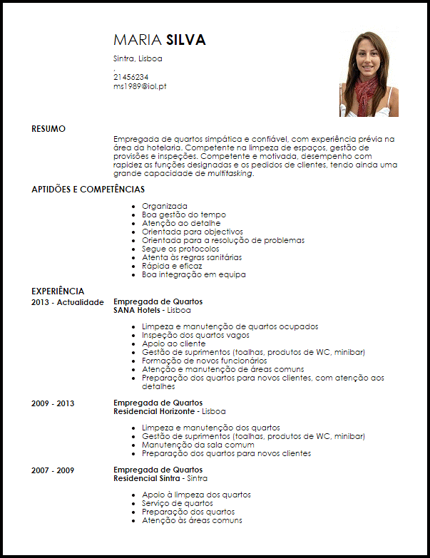 Modelo Curriculum Vitae Empregada de Quartos  LiveCareer