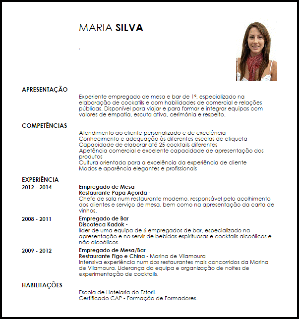 Modelo Curriculum Vitae Empregado de Mesa e Bar  LiveCareer