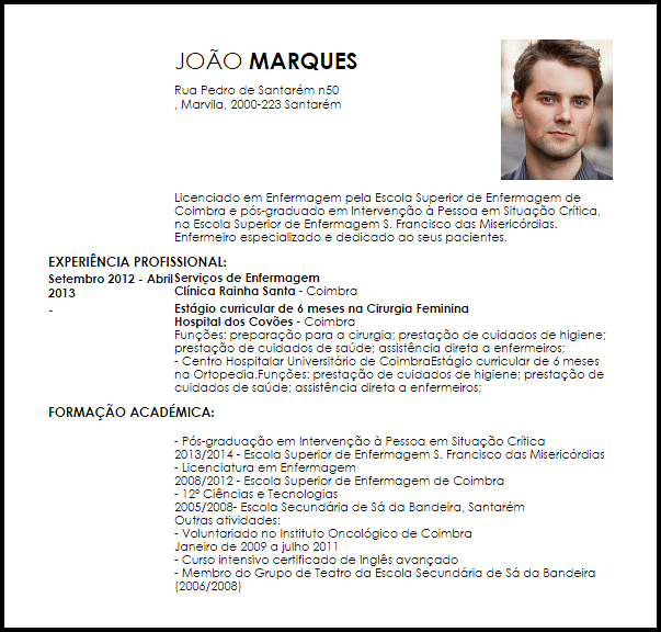 Modelo Curriculum Vitae Enfermeiro/a de Cuidados 