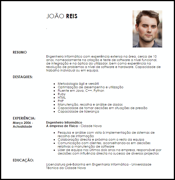 Modelo Curriculum Vitae Engenheiro Informático  LiveCareer