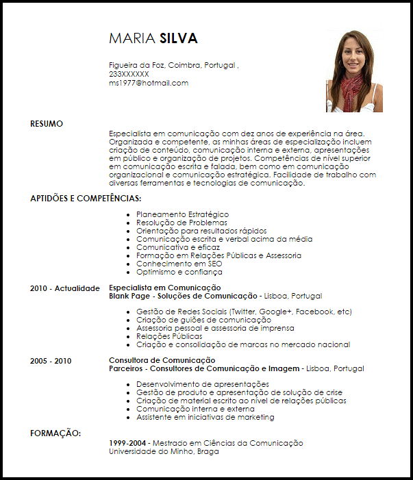 Modelo Curriculum Vitae Especialista em Comunicação 