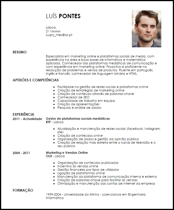Modelo Curriculum Vitae Especialista Em Marketing Online E Medias