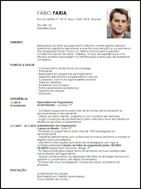 Modelo Curriculum Vitae Especialista em Pagamentos 