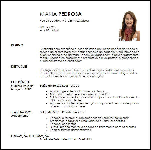 Exemplo Curriculum Vitae Esteticista  LiveCareer