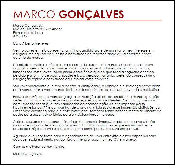 Modelo Carta de Apresentação Gerente de Marca  LiveCareer