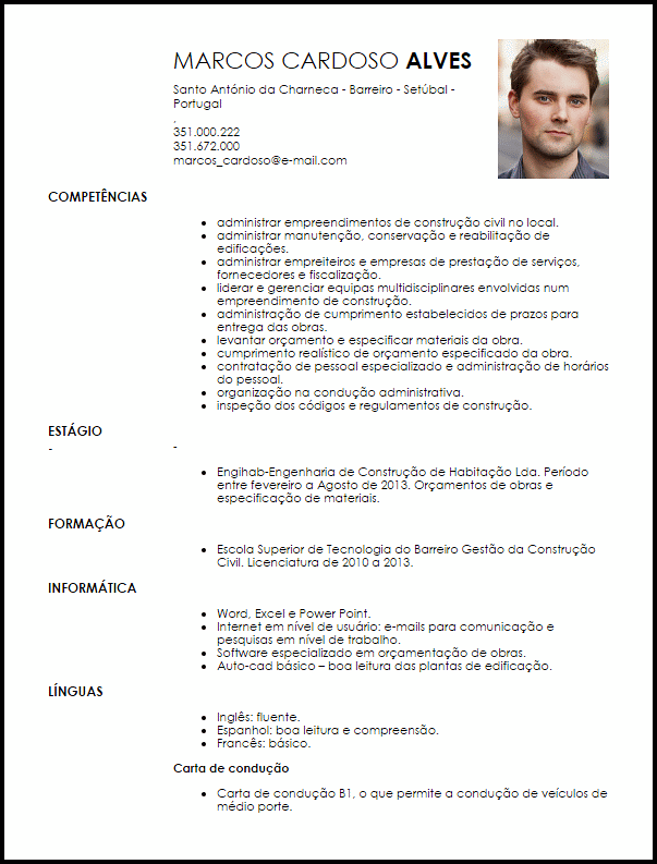 Modelo Curriculum Vitae Gestor da Construção Civil 