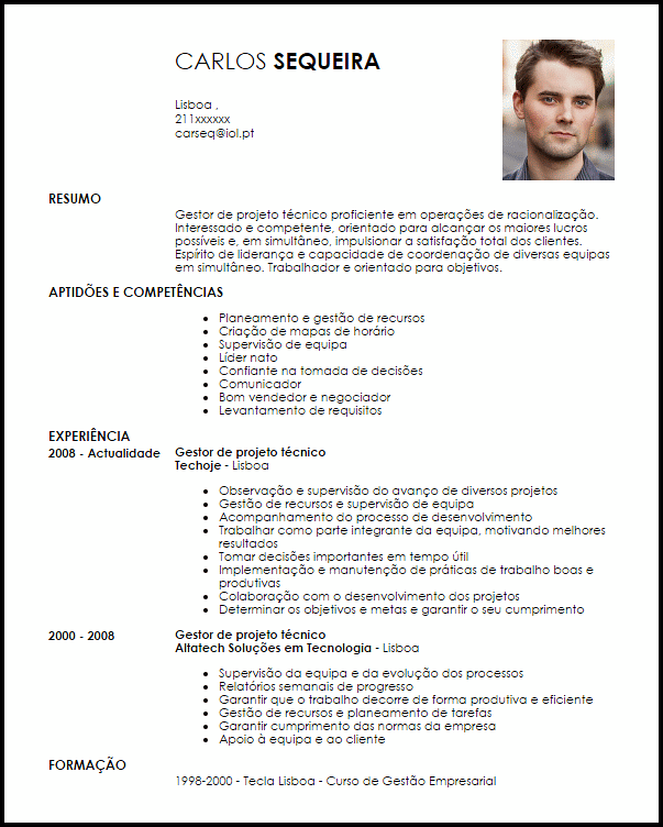 Modelo Curriculum Vitae Gestor de projeto técnico  LiveCareer