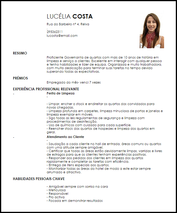 curriculum governanta de quartos