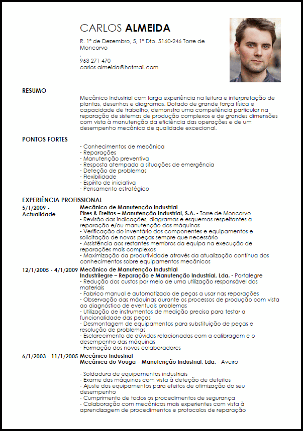 Modelo Curriculum Vitae Mecânico de Manutenção Industrial 