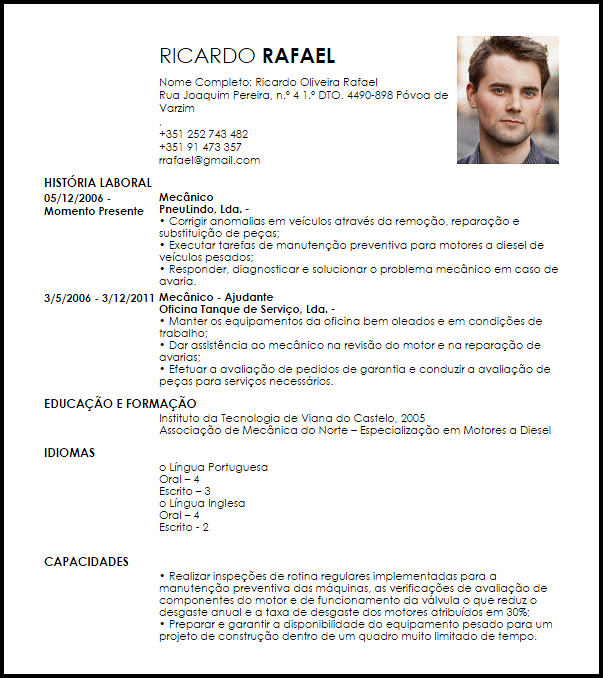 Modelo Curriculum Vitae Mecânico Especializado Motores 