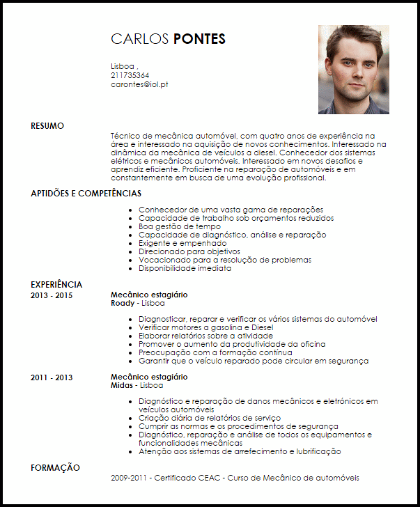 Modelo Curriculum Vitae Mecânico estagiário  LiveCareer