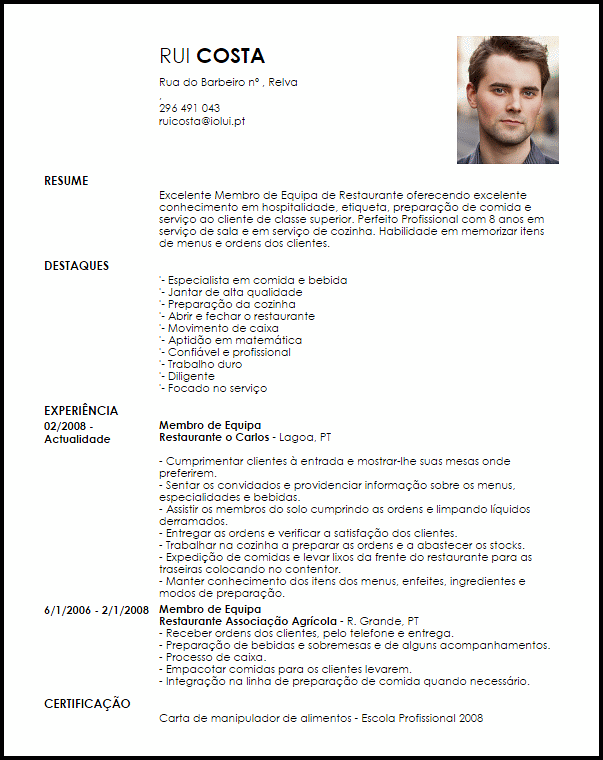 Modelo Curriculum Vitae Membro de Equipa de Restaurante 