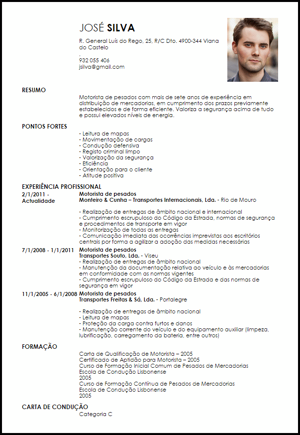 Modelo Curriculum Vitae Motorista de pesados  LiveCareer