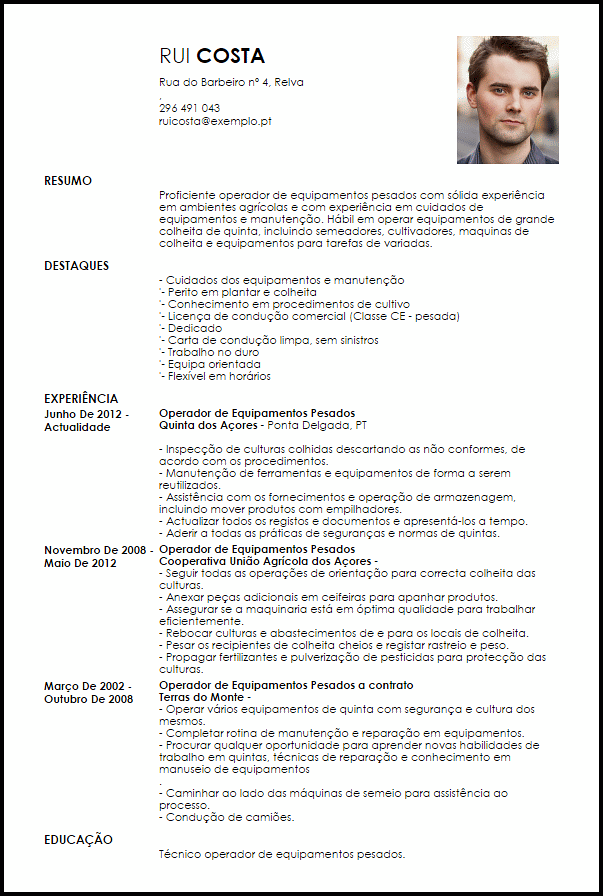 Modelo Curriculum Vitae Operador de Equipamentos Pesados 