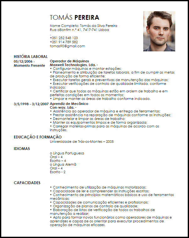 Modelo Curriculum Vitae Operador de Máquinas  LiveCareer