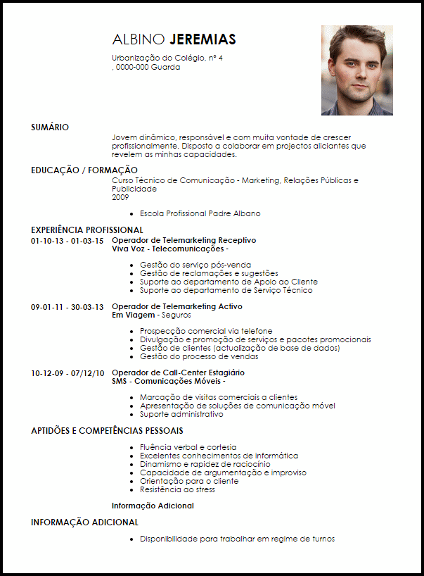 Modelo Curriculum Vitae Operador de Telemarketing 