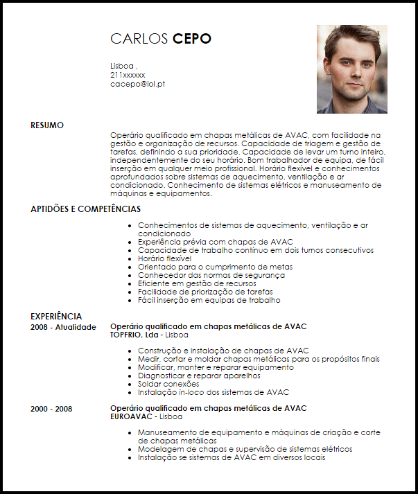 Modelo Curriculum Vitae Operário qualificado em chapas 